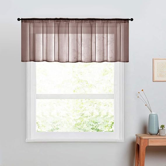MRTREES Short Sheer kitchen valance for windows 1 pack, Small Modern Rod Pocket Voile Valance Curtain Window Treatment Decor for Living Room Bathroom Cafe Laundry Basement, Coffee Brown, 54"W x 16"L