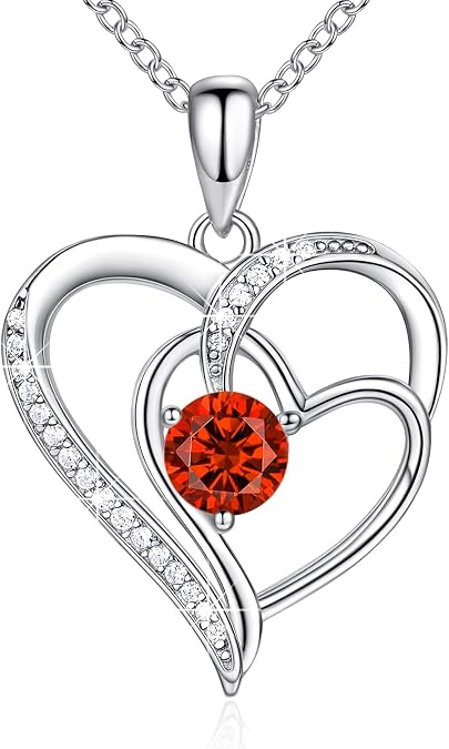 925 Sterling Silver Chain Heart Necklace Women's Birthstone Necklace for Women Double Heart Chain Silver Jewellery Women's Gifts for Women Mum Girlfriend with 5A Cubic Zirconia
