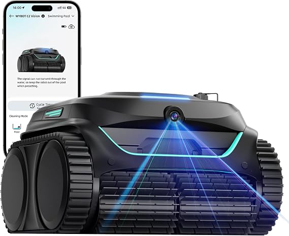 WYBOT C2 Vision Robotic Pool Cleaner with AI Camera, 8-in-1 Pool Vacuum for Inground Pools, Powerful Suction, Ultra-Fine Filter Pool Robot, Wall Climbing, Smart Navigation, Black