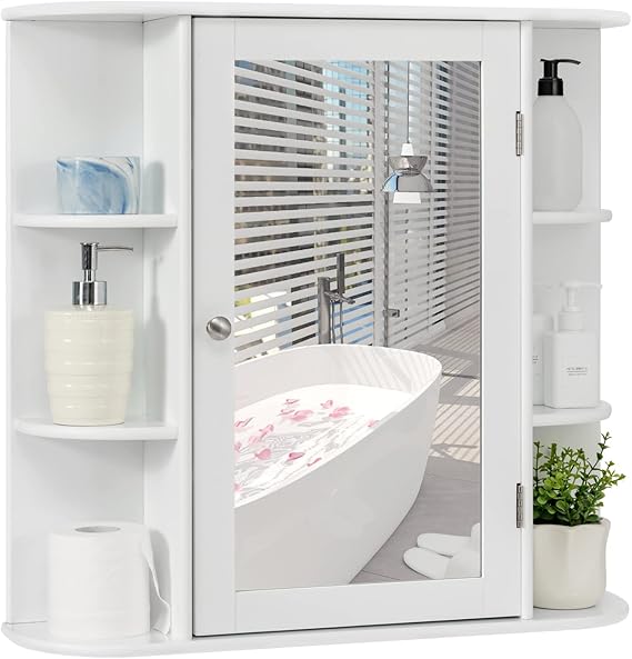 Multigot Bathroom Mirror Cabinet, Wall-Mounted Storage Cupboard with Adjustable Shelves, Single Door Organizer Unit for Living Room and Bedroom(White)