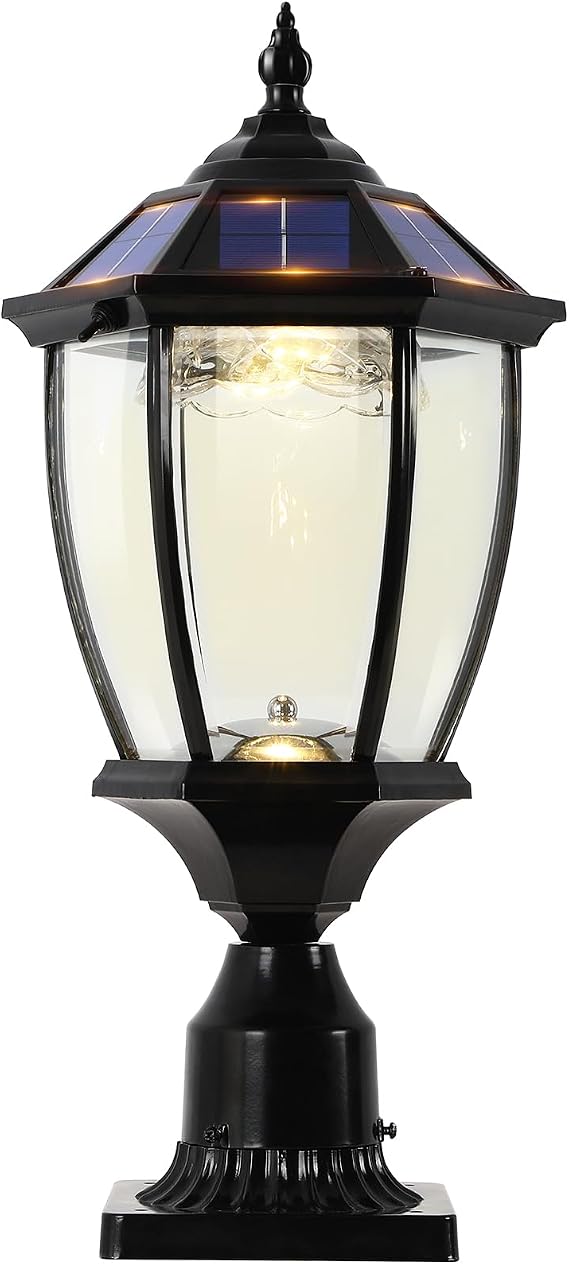 Solar Outdoor Lamp Post Light with Dusk to Dawn Photocell, Waterproof Oil-Rubbed Black Pillar Light with Clear Glass, Aluminum Solar Pole Lamp with Pier Mount for Porch, Yard. Pathway