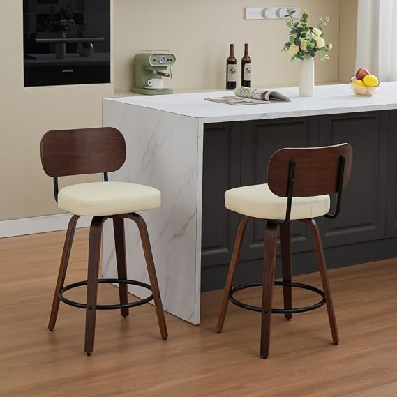 Swivel Bar Stools Set of 2, 26" Upholstered Faux Leather Counter Height Barstools with Walnut Back & Bentwood Legs, Mid Century Modern Bar Chairs Island Stools for Kitchen Counter (Beige*2)