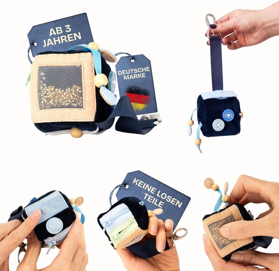 Jolly Designs Calmi Cube Blavi - Anti-Stress Cube & Fabric Fidget Toy - Montessori Toy & Concentration Aid for Children & Adults - Quiet Handmade & Sensory Effective