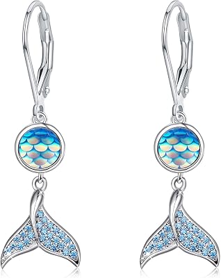 Sterling Silver Moonstone Mermaid Tail Leverback Hoop Earrings - Blue Tail, Dangle Drop Design - Womens Jewelry Gifts