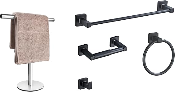 Matte Black Bathroom Hardware Set 5 Pieces,Towel Bar Set Stainless Steel Wall Mounted, Includes 16In Hand Towel Bar, Towel Ring, Robe Towel Hooks,Toilet Paper Holder, Bathroom Towel Rack Set