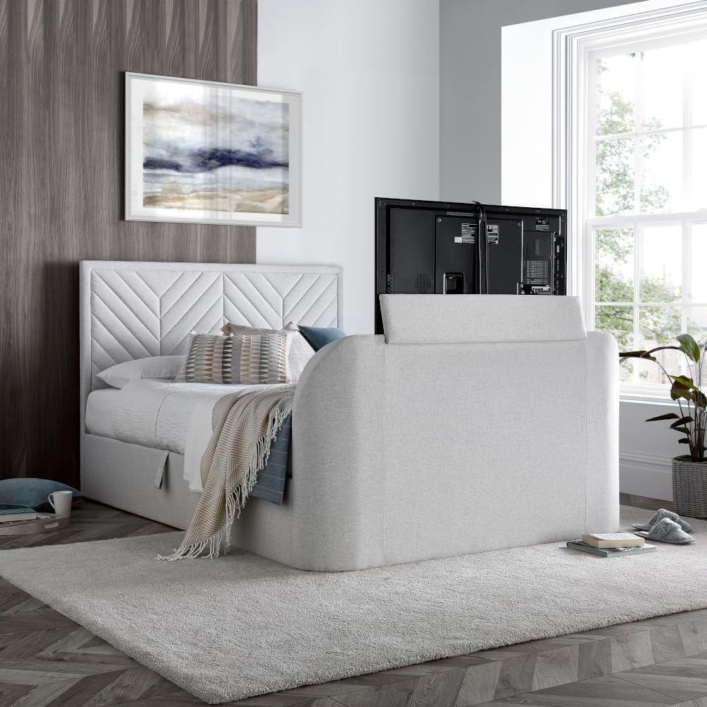 happybeds Fabric Ottoman Bed, Sherlock Natural Fabric Ottoman Electric Media TV Bed, Double, King, Super King Size 6ft Super King Size