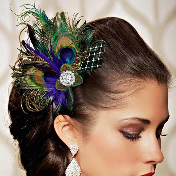 Yokawe Peacock Feather Hair Clip 1920s Fascinator with Rhinestone Flapper Prom Hair Accessories for Women