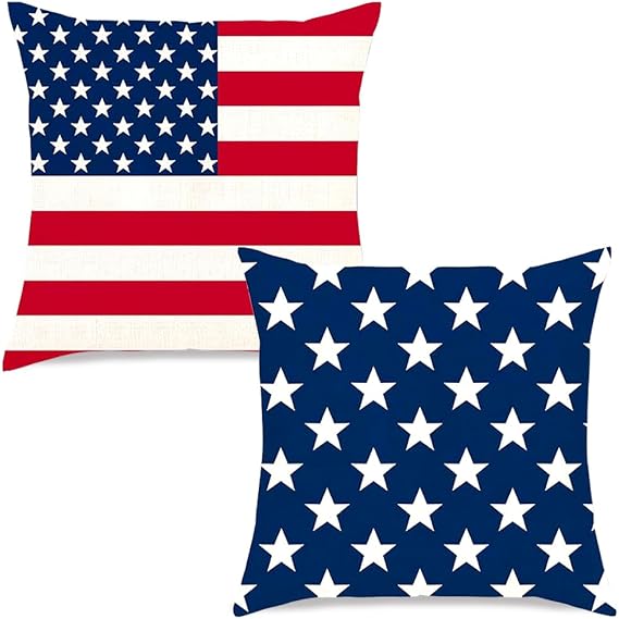 4th of July Decorative Pillows Covers 18*18 in Red White and Blue Patriotic Throw Pillow Case Double-Sided HD Print American Flag Stars Case for Sofa Couch Bed Home Outdoor Decorations-2Pcs