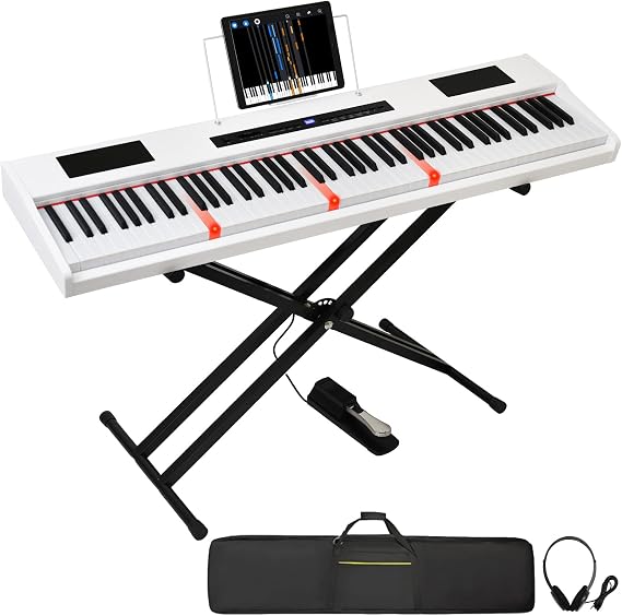 Digital Piano 88 Key Semi Weighted Keyboard, Piano Keyboard 88 Key for Beginners with Lighted Up Keys, Portable Electric Piano with Adjustable Stand,Carrying Case,Sustain Pedal,Headphone (White)