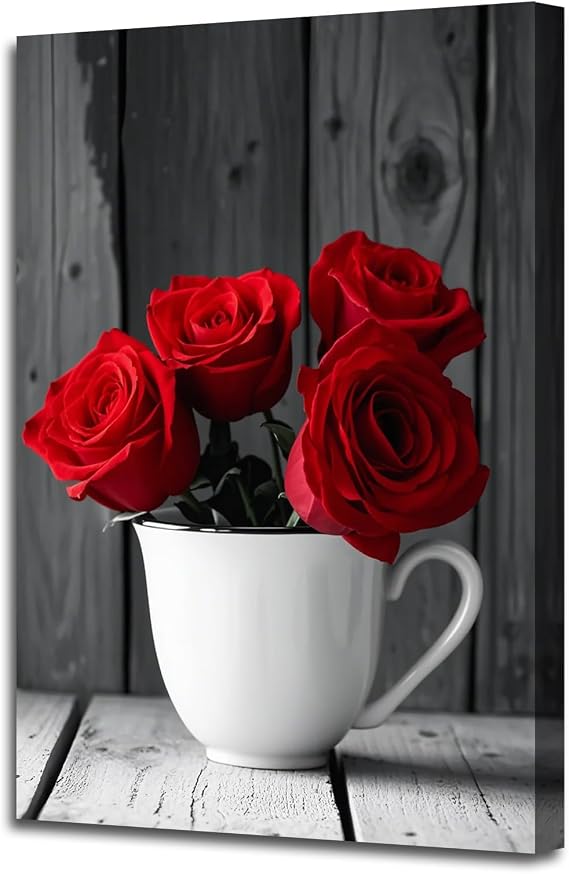 PBXBJY Red Rose Canvas Wall Art Romantic Flowers Pictures Print Vintage Vase Poster Rustic Floral Painting Black and White Artwork Modern Bedroom Living Room Decor (Red, (16.00" x 24.00"))