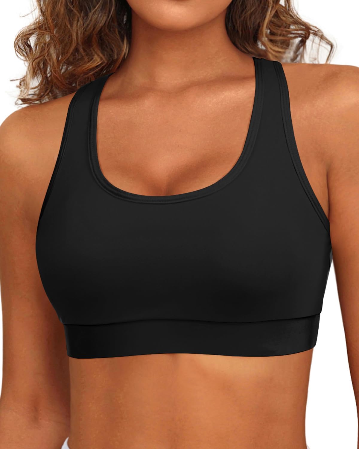 Holipick Womens Sports Bra Bikini Tops Racerback Swim Top Scoop Neck Bathing Suits Top Modest Padded Crop Tops Swimsuit Only