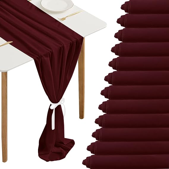 Fivenl 12 Pack Chiffon Table Runner - 12 x 120 Inches Sheer, Romantic for Wedding, Birthday, Party & Baby Shower Decoration (Burgundy)
