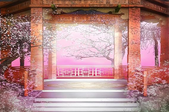 AOFOTO 10x8ft Chinese Style Backdrop for Photography Vintage Pavilion Spring Flower Trees Garden Background Wedding Archway Photo Studio Props Lovers Adult Girl Woman Lady Artistic Portrait Wallpaper