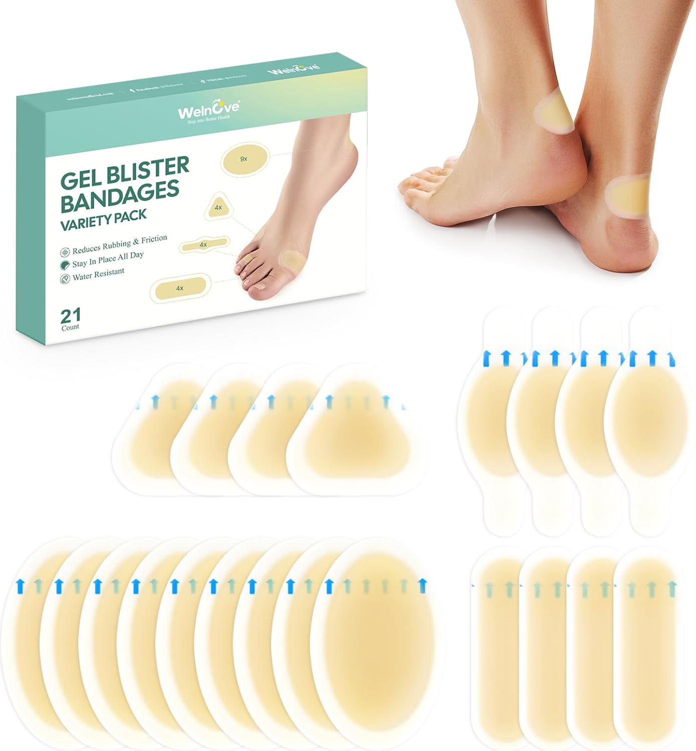 21 Pieces Blister Plasters for Feet - Welnove Invisible Hydrocolloid Gel Blister Bandages - Blister Cushions for Heel, Toe & Foot, Water Resistant BandagesVariety Pack