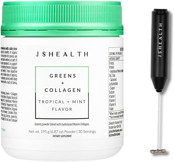 JSHealth Super Greens Powder with Marine Collagen Peptides, Vitamins & Veggies, 30 Servings Whisk - Virtual Bundle