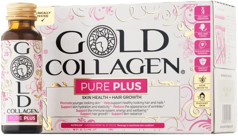 GOLD COLLAGEN New Pure Plus - Collagen Supplements for Women & Men, Biotin Hair Growth, Skin, Nail, Hormonal Balance, Immune System Booster 8g Marine Collagen Vitamin C Hyaluronic Acid, 1 Pack 10x50ml
