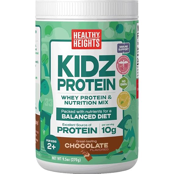 Healthy Heights KidzProtein Powder Shake Mix Canister (Chocolate) High Protein Nutritional Shake - with Key Vitamins & Minerals No Artificial Flavors, Gluten Free, Soy Free, Peanut Free, No GMOs