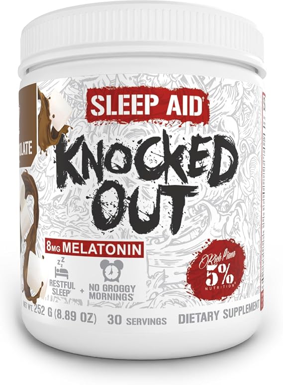 5% Nutrition Rich Piana Knocked Out Natural Sleep Aid | Post-Workout Recovery & Deep Sleep Supplement | GABA, Melatonin, Chamomile, Tyrosine, 5-HTP, More | 8.4 oz, 30 Servings (Hot Chocolate)