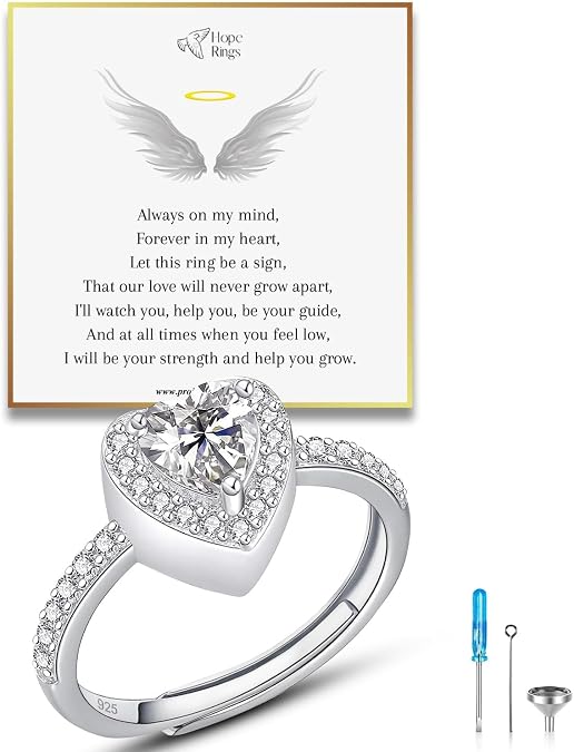 Hope Rings Forever In My Heart Memorial Urn Ring Handcrafted 925 Sterling Silver Adjustable Wrap Ring for Ashes Hypoallergenic, Thoughtful Gift for Men and Women (Sterling Silver, Adjustable)