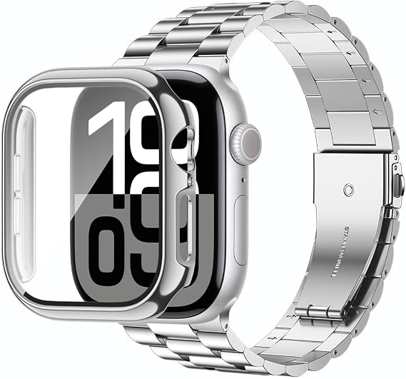 baozai Compatible with Apple Watch Band 46mm with Case, Stainless Steel Band with Tempered Glass Screen Protector Case for Apple Watch Series 11/10, Silver