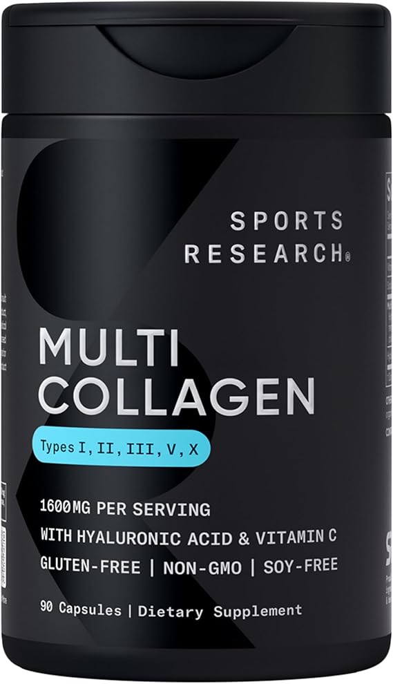 Sports Research, Multi-Collagen Complex, 90 Capsules | 1600mg Collagen Vitamin C for Hair, Skin and Joint Support, 5 Collagens, 30 Servings
