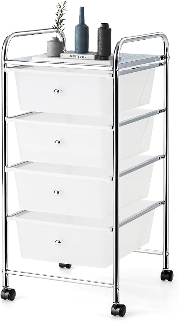 Rolling Storage Cart with 4 Drawers, Crafts, Arts, Hobbies and School Supplies Organizer, Mobile Utility Cart with Wheels for Home Office Classroom (Clear)