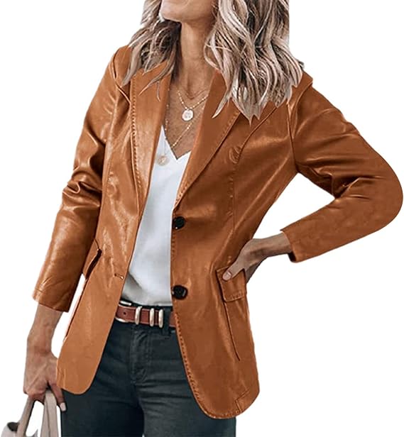 Classic 2-Button PU Leather Blazer Jackets for Women Casual Coat Long Sleeves Suit Style Leather Jacket with Pocket