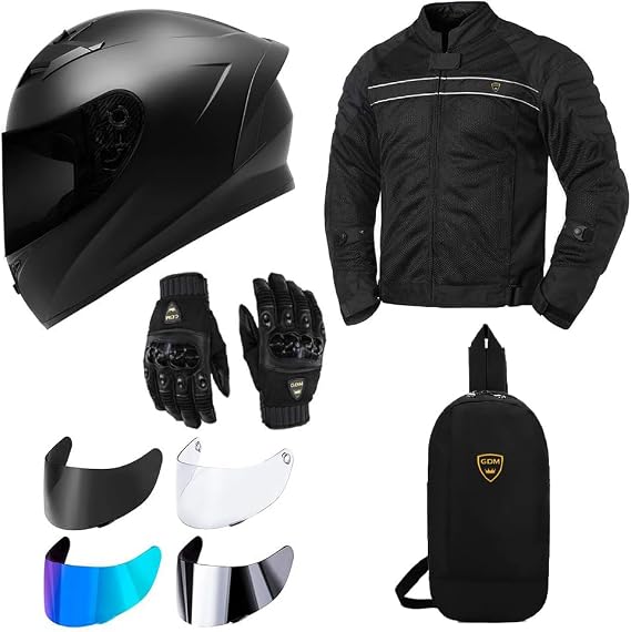 GDM Motorcycle Protective Gear Bundle (Premium Pack) - Helmet, Jacket, Gloves, Shields, Backpack