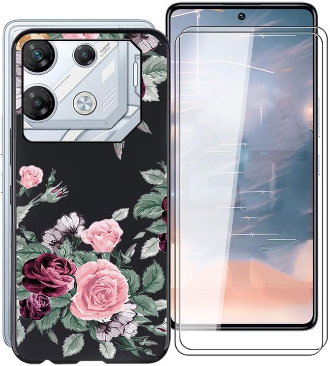for Infinix GT 10 Pro Case, with [ 2 x Tempered Glass Protective Film], Black Soft Silicone Protection Sleeves Shockproof Bumper Case for Infinix GT 10 Pro 6.67 - Rose Flower