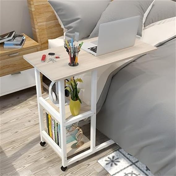 Computer Desk Movable Simple Laptop Desk Side Table Mobile Lazy Table Bedside Laptop Desk with 2-Tier Storage Shelvs and Lockable Pulleys Desk (Color : C)