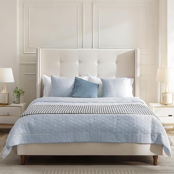 Queen Size Velvet Wingback Platform Bed with 54" Tall Headboard