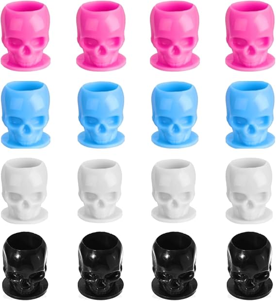 100PCS Large Tattoo Ink Cups with Base 4 Colors Skull Design Permanent Makup Microblading Tattoo Pigment Holder Caps Self-stand Tattooing Container Supplies