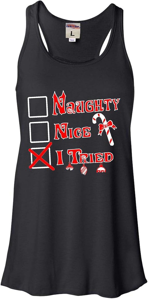 Go All Out Womens Naughty Nice I Tried Funny Christmas Sleeveless Tank Top T-Shirt