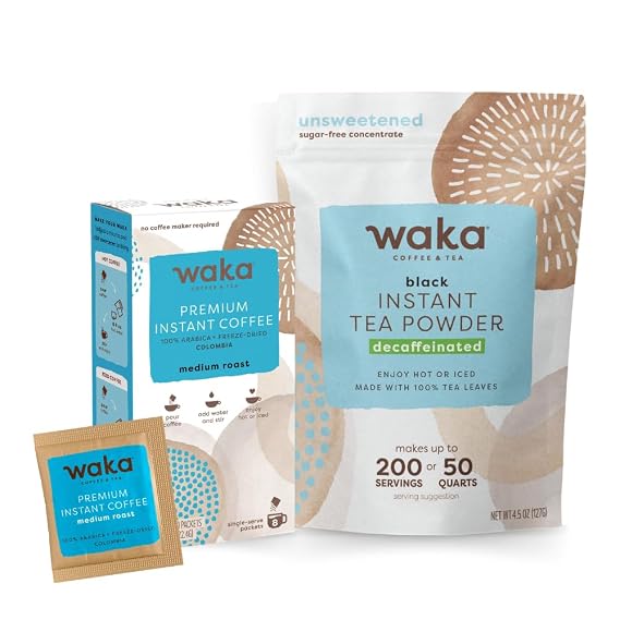 Waka Premium Instant Coffe & Tea Bundle & Save No Sugar Added & Unsweetened Concentrated Decaf Tea Powder & Medium Roast Coffee