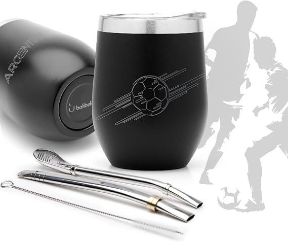 BALIBETOV Modern Mate Cup And Bombilla Set (World Cup special edition) - Includes Double Walled 18/8 Stainless Steel Mate Cup, Two Bombilla (Straw) and a Cleaning Brush (8 oz, Black)