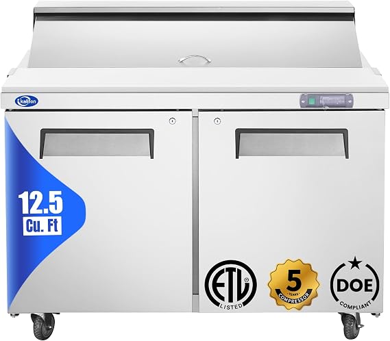 48" W Sandwich Salad Prep Table Refrigerator, 18 Pans, 12.9 Cu. Ft. | 3341F Stainless Steel Salad Prep Station with Cutting Board, Adjustable Shelf, Self-Closing Door and Locking Casters