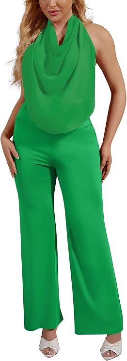 Mintsnow Club Outfits for Women 2 Piece Sets Sexy Halter Cowl Neck Mesh Tops High Waist Wide Leg One Piece Bodycon Jumpsuits Green XL