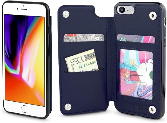 Gear Beast Lychee PU Leather Protective Top View Slim Wallet Case Fits iPhone 8/7 Includes Flip Folio Cover, with Five Card Slots Including Transparent ID Holder