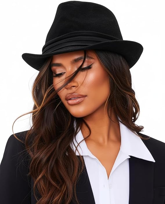 Men Classic Fedora-Hat Felt Manhattan-Gangster-Trilby with Band Unisex Women's Structured Trilby Fedora Hat(Size:S)