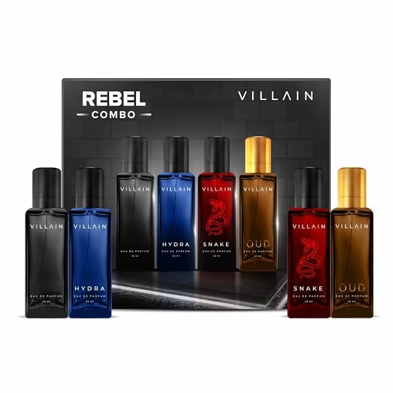 VILLAIN Rebel Luxury EDP Perfume Gift Set for Men, Classic, Hydra, Snake, Oud Fragrances, Woody Spicy Scent, Long Lasting, 4x20ml