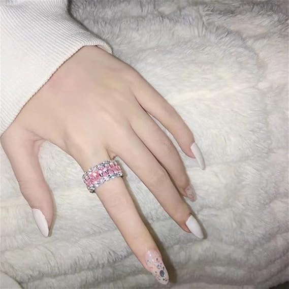 AZQ 925 Sterling Silver Shiny Full Diamond Ring Cocktail Rings Pink Cubic Zirconia Anniversary Promise CZ Multi Row Eternity Engagement Wedding Band for Women TZ.94 (US Code 8)