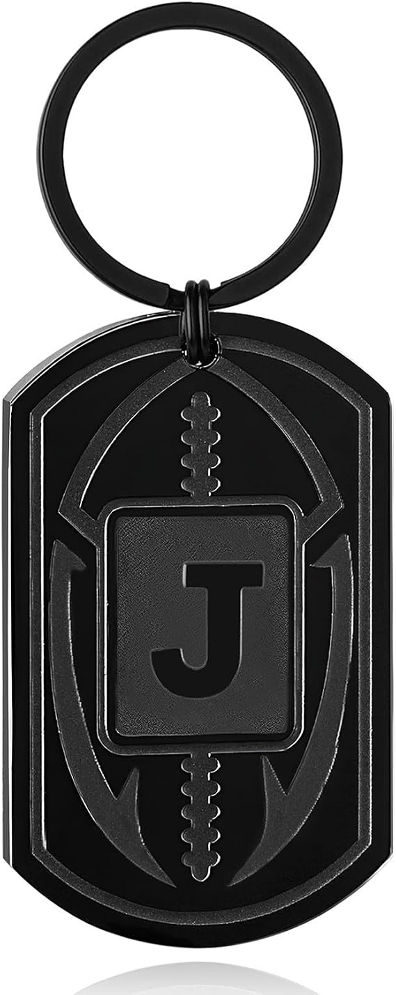 Football Initial Keychain for Men, Dog Tag Keychain Gifts for Men Team Fan