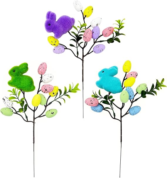 BestAlice 3 PCS Artificial Easter Flowers, Easter Decorations Spray with Paste Easter Eggs and Berries Stems, Spring Floral Pick Decor for Home Vase, Easter Floral Picks Branches