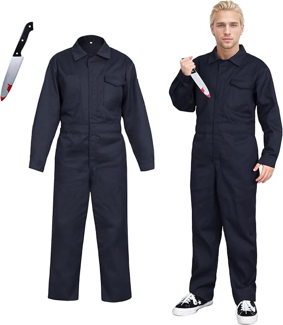 Horror Costume for Adult,Halloween Horror Killer Cosplay Jumpsuit Coveralls with Knife Props