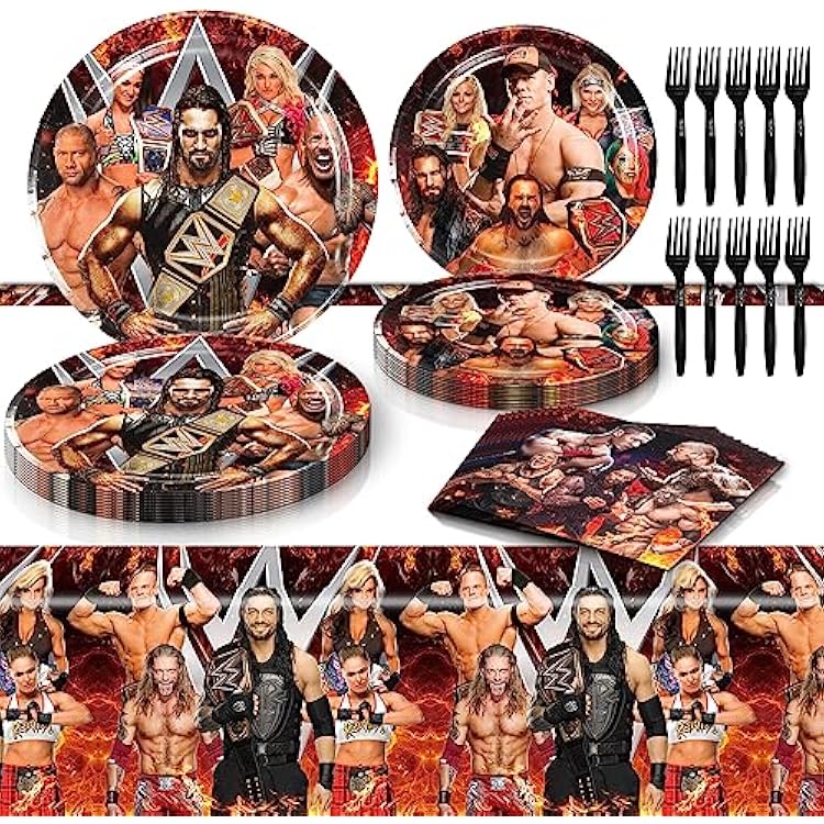 Wrestling Birthday Party Tableware Set - Includes Wrestling Theme Tablecloth, Plates, Napkins, Forks for Boxing Party Decorations