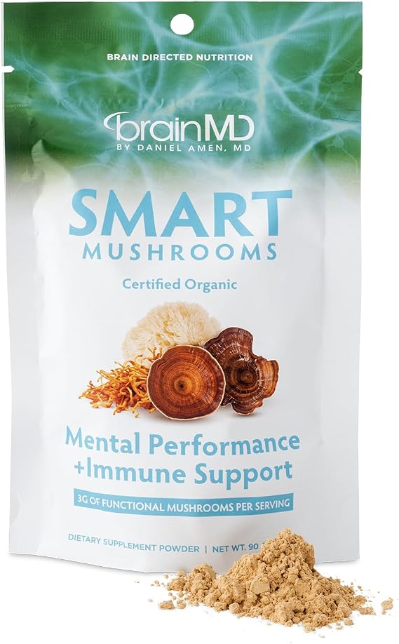 BrainMD Dr Amen Smart Mushrooms Certified Org Powder, 3.2 Oz, 30 Servings | Certified organic dietary supplement with a gluten-free, sugar and soy-free formula, 6-mushroom blend, supports immune health