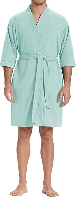 SIORO Mens Waffle Knit Lightweight Robe, Short Bathrobe with Pockets & 34 Sleeves, Kimono Loungewear for Summer & Spa