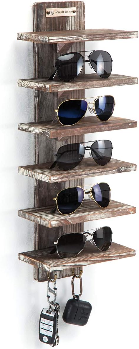 J JACKCUBE DESIGN Rustic Wood Wall Mount Sunglasses Organizer 6 Tiers Rack with 2 Hooks Glasses Storage Box Display Cabinet for Jewelry Watches Key Multiple Case MK551A (Rustic Wood)