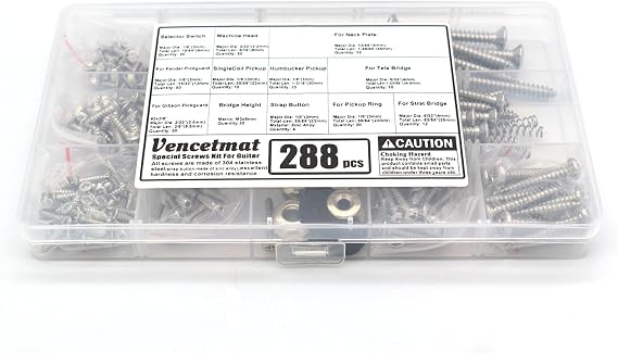 Guitar Screws Kit 304 Stainless Steel Luthier Parts-kit for Tele/Strat/SQ,Switch,Tuner,Machine Head, Neck Plate,Pickguard,Guitar Strap End Pins,Pickup,Bridge,Guitar DIY Kit(Metric, Chrome)
