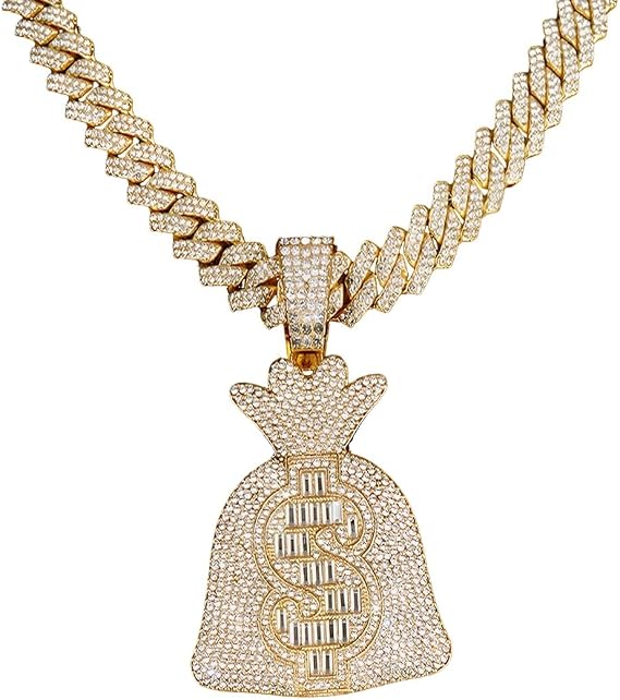 Dollar Money Bag Pendant for Men Iced Out Dollar Sign Cuban Necklace, Hip Hop Dollar Bag Cuban Chain Necklace Gold CZ Money Bag Cuban Necklace Men’s Rapper Dollar Money Bag Jewelry